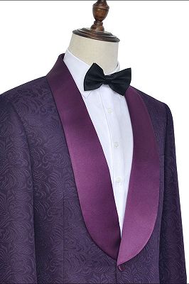 Luxury Dark Purple One Button Wedding Tuxedos | Silk Shawl Lapel Jacquard Prom Suits_4