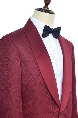 Luxury Burgundy Jacquard One Button Silk Shawl Lapel Mens Suits for Wedding and Prom_3