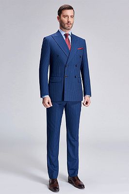 Peak Lapel Blue Mens Suits for Business | Stripes Double Breasted Mens Suits_2