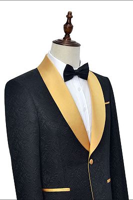 Gold Shawl Lapel One Button Wedding Tuxedo | Black Jacquard Prom Suits_3