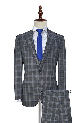 Gentle Dark Grey Large Checked Mens Suits | Peak Lapel Three Piece Suits for Men