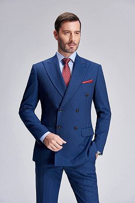 Peak Lapel Blue Mens Suits for Business | Stripes Double Breasted Mens Suits_8