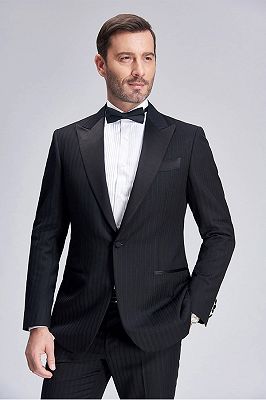 Popular Silk Peak Lapel Black Mens Suits for Wedding | One Button Stripes Wedding Tuxedo_8
