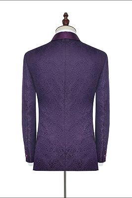 Luxury Dark Purple One Button Wedding Tuxedos | Silk Shawl Lapel Jacquard Prom Suits