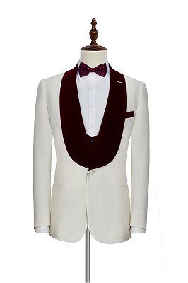 Velvet Shawl Collar White Wedding Tuxedos | Three Piece Wedding Suits with Burgundy Vest