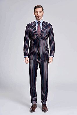 Modern Stripes Dark Navy Mens Suits | Peak Lapel Three Flap Pockets Suits for Men_1
