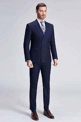 Superior Peak Lapel Double Breasted Mens Suits | Pinstripe Dark Navy Suits for Men Formal_2