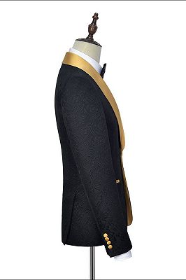 Gold Shawl Lapel One Button Wedding Tuxedo | Black Jacquard Prom Suits_4