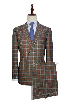 Orange Grey Checked Double Breasted Mens Suits | Peak Lapel Leisure Suits