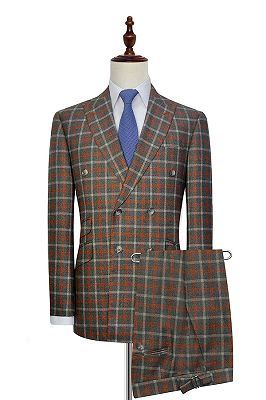 Orange Grey Checked Double Breasted Mens Suits | Peak Lapel Leisure Suits_2