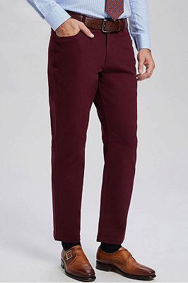 Classic Burgundy Cotton Straight Mens Daily Pants for Business