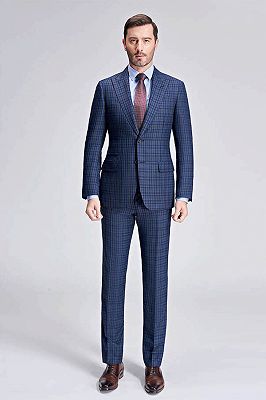 Small Checked Pattern Gentle Mens Suits | Peak Lapel Blue Suits for Men_3