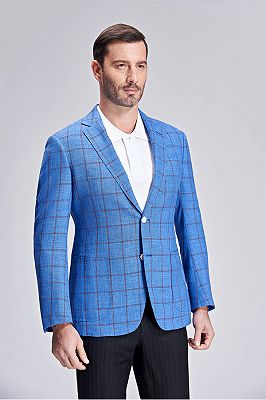Brown Plaid Bright Blue Casual Blazer Jacket with Patch Pocket