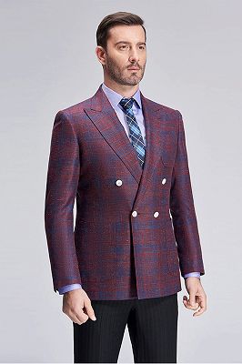 Peak Lapel Blue Plaid Double Breasted Fashionable Blazer Jacket for Men_2