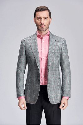 Casual Green Plaid Patch Pocket Grey Mens Business Suit Blazer Jacket
