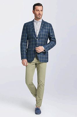 Classic Peak Lapel Navy Blue Plaid Suit Blazer Jacket for Men_3
