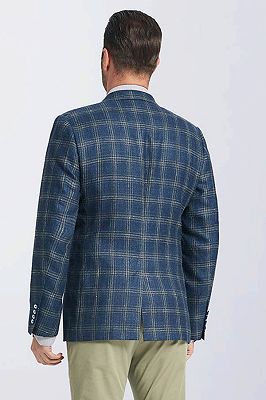 Classic Peak Lapel Navy Blue Plaid Suit Blazer Jacket for Men
