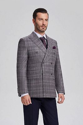 Elegant Grey Plaid Double Breasted Blazer Jacket for Men with Flap Pockets