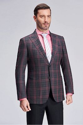 Peak Lapel Patch Pocket Red Plaid Grey Suit Blazer for Men