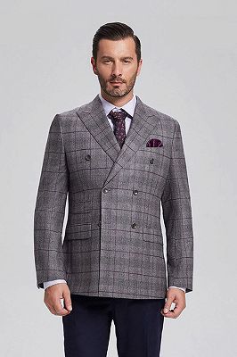 Elegant Grey Plaid Double Breasted Blazer Jacket for Men with Flap Pockets