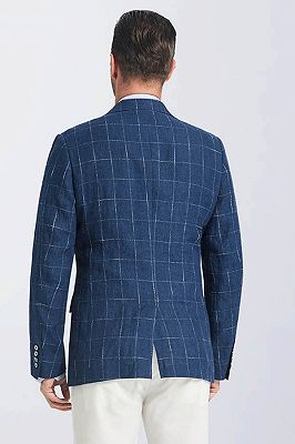 Casual Peak Lapel Navy Blue Plaid Suit Jacket | Pure Linen New Blazers