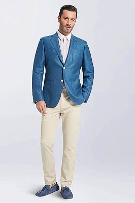 Casual Bright Blue Blended Patch Pocket Mens Blazer Jacket_3
