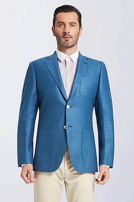 Casual Bright Blue Blended Patch Pocket Mens Blazer Jacket_1