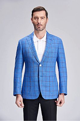 Brown Plaid Bright Blue Casual Blazer Jacket with Patch Pocket