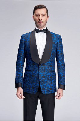 Black Shawl Lapel Blue Jacquard Wedding Suit Blazers for Men_1