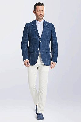 Casual Peak Lapel Navy Blue Plaid Suit Jacket | Pure Linen New Blazers_3