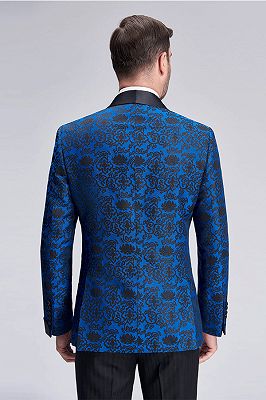 Black Shawl Lapel Blue Jacquard Wedding Suit Blazers for Men_3