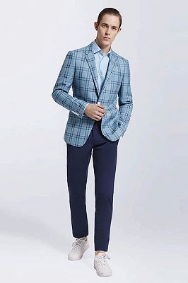 Modern Light Blue Plaid Suit Blazer Jacket Casual for Prom_3
