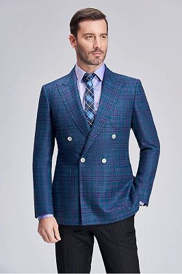 Formal Peak Lapel Plaid Double Breasted Blue Mens Blazer Jacket for Business