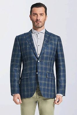 Classic Peak Lapel Navy Blue Plaid Suit Blazer Jacket for Men_1