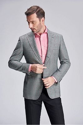 Casual Green Plaid Patch Pocket Grey Mens Business Suit Blazer Jacket_1