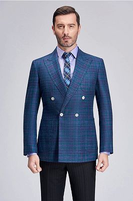 Formal Peak Lapel Plaid Double Breasted Blue Mens Blazer Jacket for Business