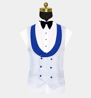 White Jacquard Tuxedo with Blue Shawl Lapel | Three Pieces Suits Sale_4