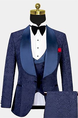 Navy Blue Three Pieces Tuxedo Online| Jacquard Bespoke Men Suits