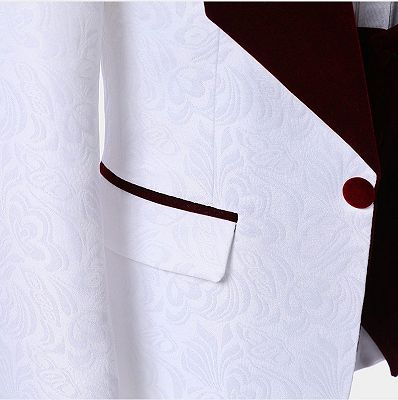 White Jacquard Men Suits with Burgundy Lapel | Floral Tuxedo_5