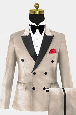 Beige Velvet Slim Fit Tuxedo | Double Beasted Prom Suits Online_1