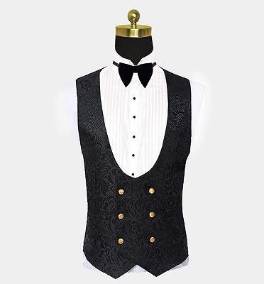 Black Jacquard Tuxedo with Gold Shawl Lapel | Three Pieces Men Suits_3