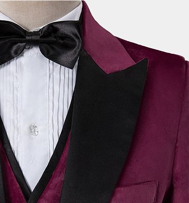 Burgundy Velvet Three Pieces Tuxedo | Peak Lapel Prom Suits For Men_3