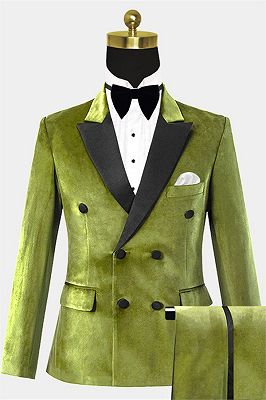 Olive Green Velvet Tuxedo with 2 Pieces | Classic Double Breasted Men Suits