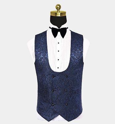 Navy Blue Damask Tuxedo | Modern Three Pieces Men Suits_3