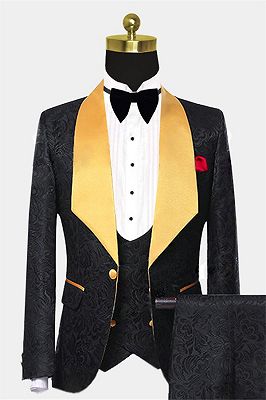 Black Jacquard Tuxedo with Gold Shawl Lapel | Three Pieces Men Suits_1
