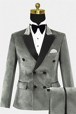 Double Breasted Velvet Tuxedo | Silver Peak Lapel Prom Suits_1