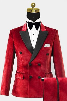 Double Breasted Red Velvet Tuxedo | Two Pieces Prom Suits For Men