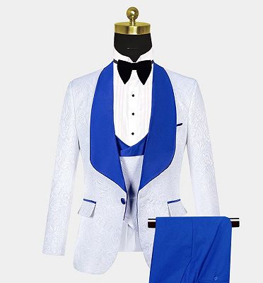 White Jacquard Tuxedo with Blue Shawl Lapel | Three Pieces Suits Sale_3