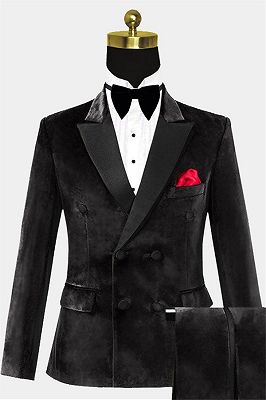 Double Breasted Velvet Tuxedo| Black Peak Lapel Men Suits_1