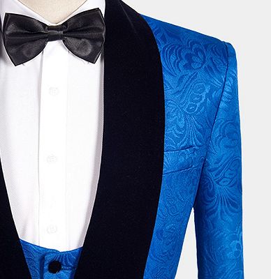 Royal Blue Floral Jacquard Men Suits | Slim Fit Tuxedo Online (Jacket vest pants shirt)_4